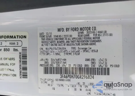 2016 Ford Fusion Se z USA, uszkodzony, nr VIN 3FA6P0H70GR296824